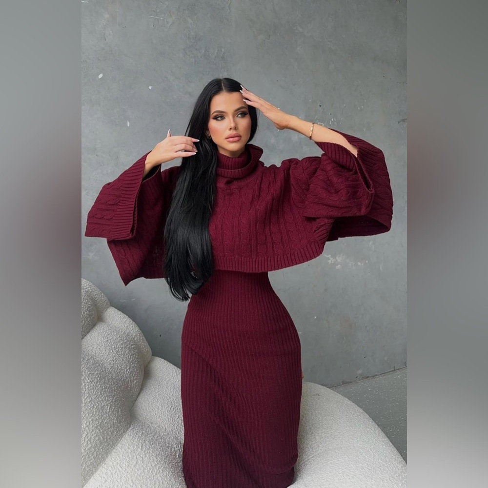 Fashion Nova 2-Piece Sweater Dress Set | Red Poncho & Tank Dress | 2XL